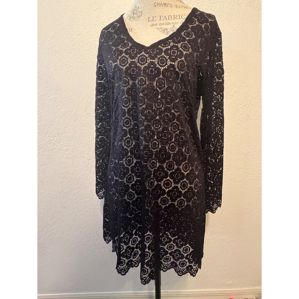 J Valdi Black Lace V-Neck Long Sleeve Swim Cover Up Dress Tunic Medium J31509